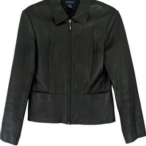 Anne Klein Women's Black Leather Jacket with Zip Front Two Packets